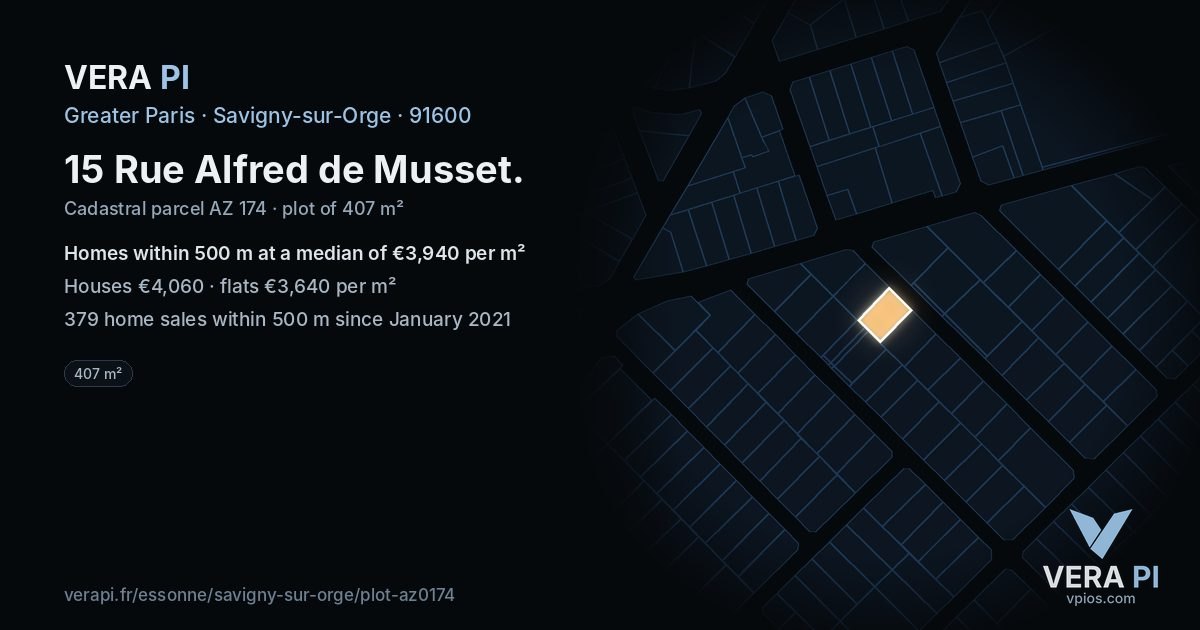 15 Rue Alfred de Musset, Savigny-sur-Orge at night – the plot lit, the parcels around coloured by the prices near them