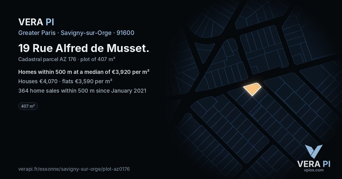 19 Rue Alfred de Musset, Savigny-sur-Orge at night – the plot lit, the parcels around coloured by the prices near them