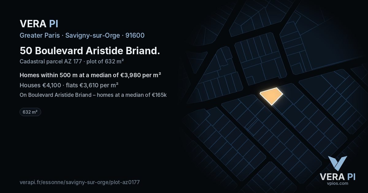 50 Boulevard Aristide Briand, Savigny-sur-Orge at night – the plot lit, the parcels around coloured by the prices near them