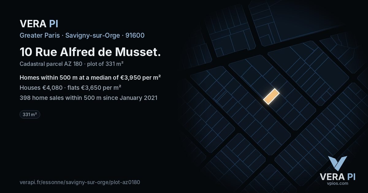 10 Rue Alfred de Musset, Savigny-sur-Orge at night – the plot lit, the parcels around coloured by the prices near them