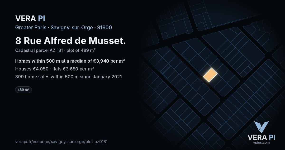8 Rue Alfred de Musset, Savigny-sur-Orge at night – the plot lit, the parcels around coloured by the prices near them