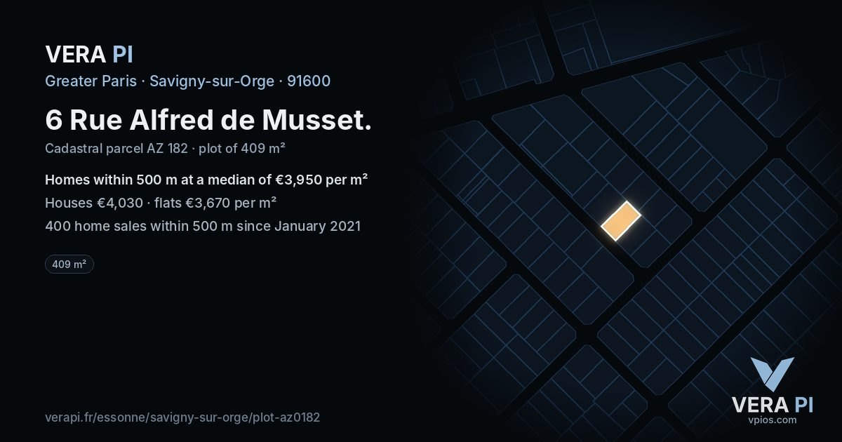 6 Rue Alfred de Musset, Savigny-sur-Orge at night – the plot lit, the parcels around coloured by the prices near them