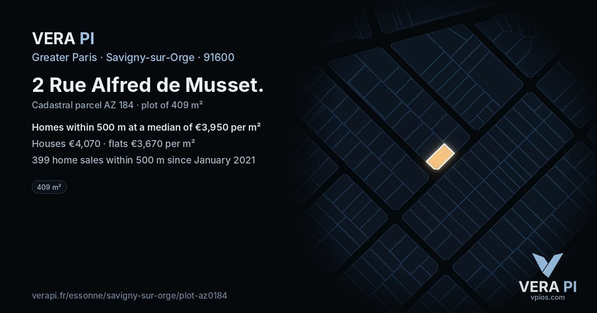 2 Rue Alfred de Musset, Savigny-sur-Orge at night – the plot lit, the parcels around coloured by the prices near them