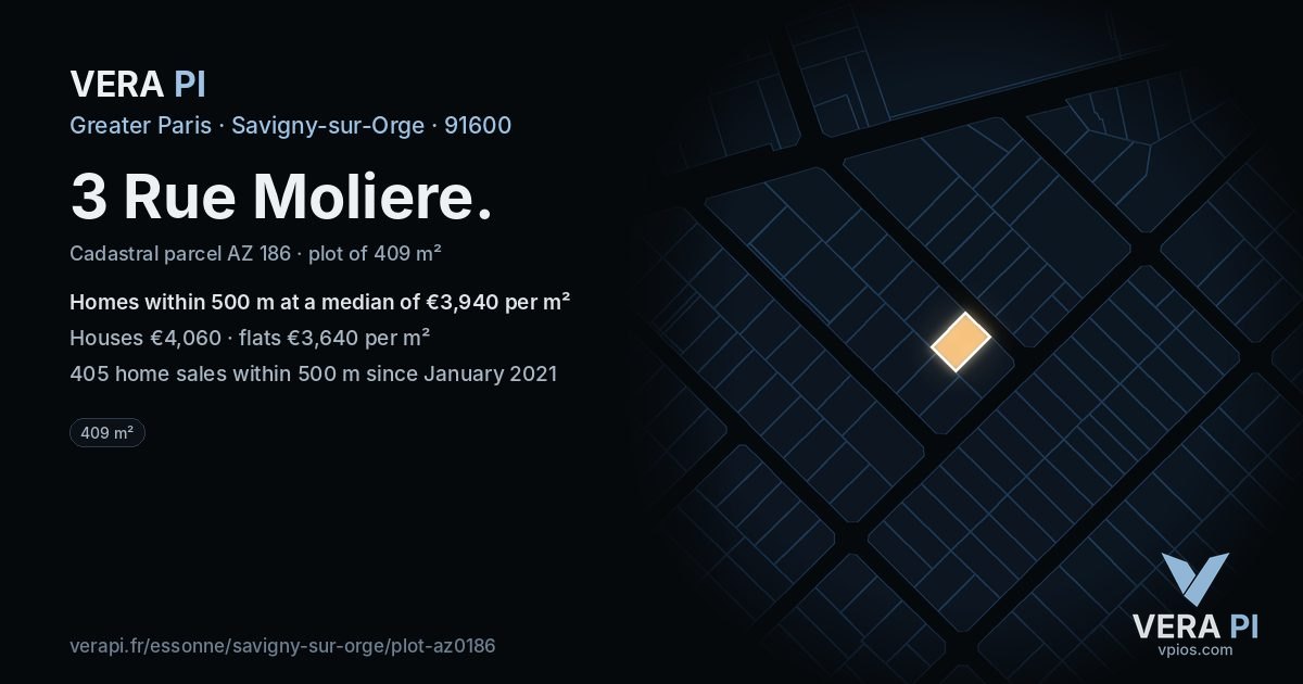 3 Rue Moliere, Savigny-sur-Orge at night – the plot lit, the parcels around coloured by the prices near them