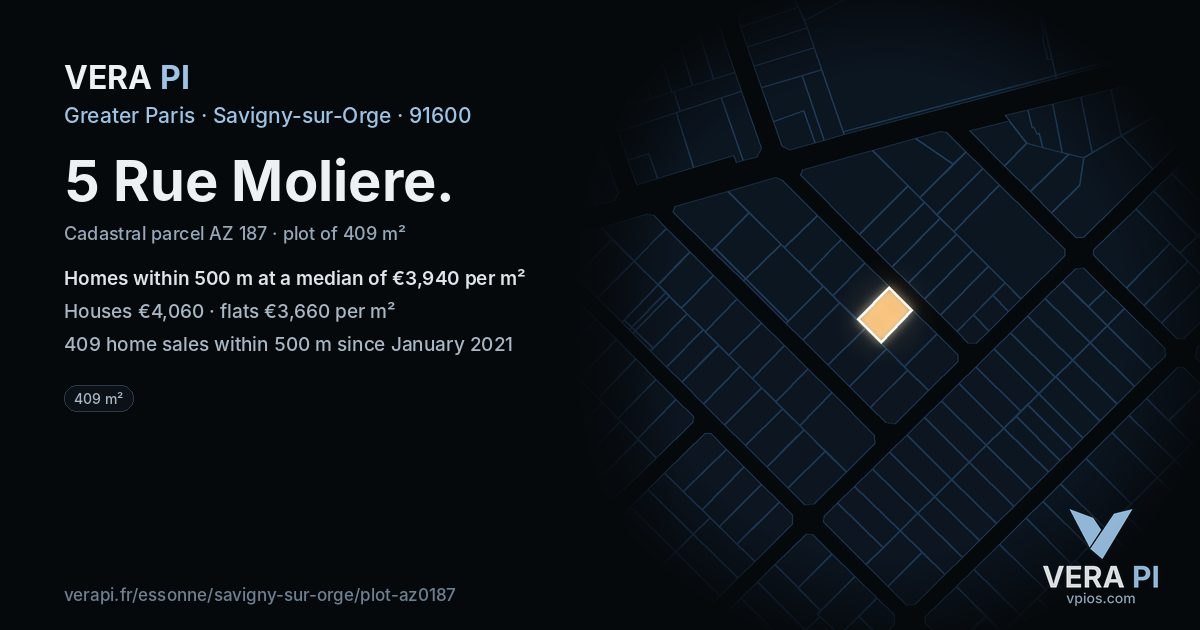 5 Rue Moliere, Savigny-sur-Orge at night – the plot lit, the parcels around coloured by the prices near them