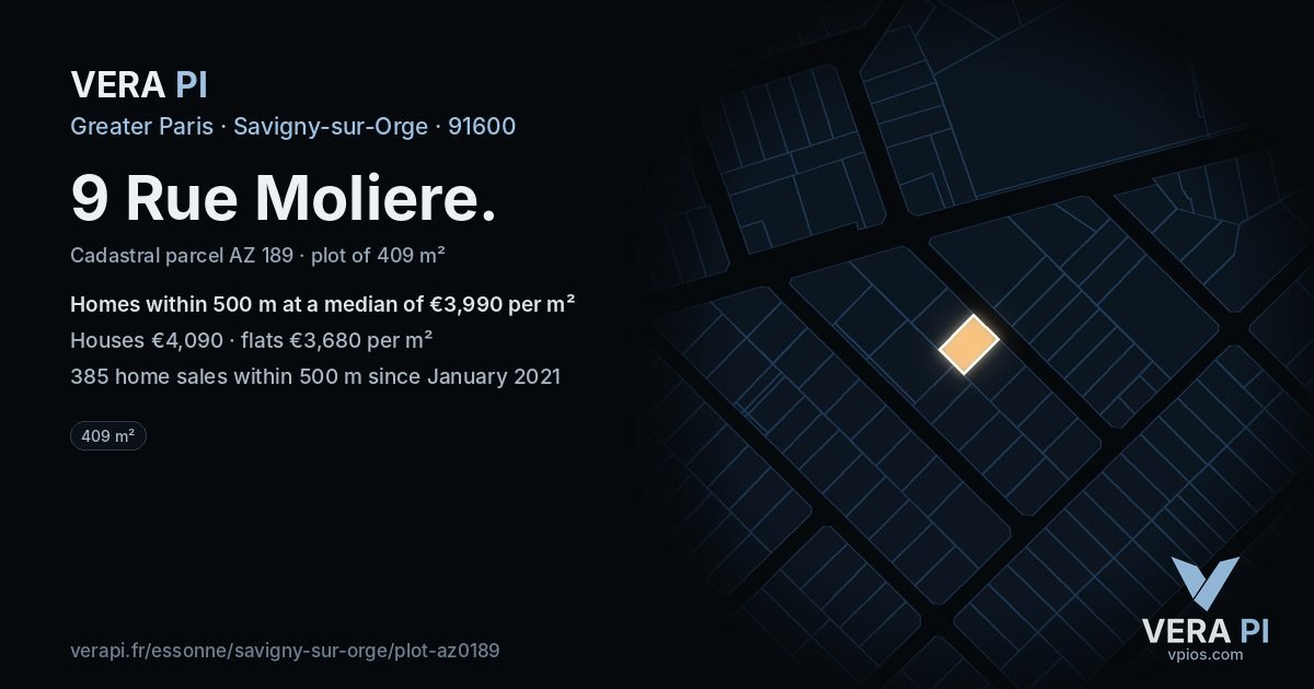 9 Rue Moliere, Savigny-sur-Orge at night – the plot lit, the parcels around coloured by the prices near them