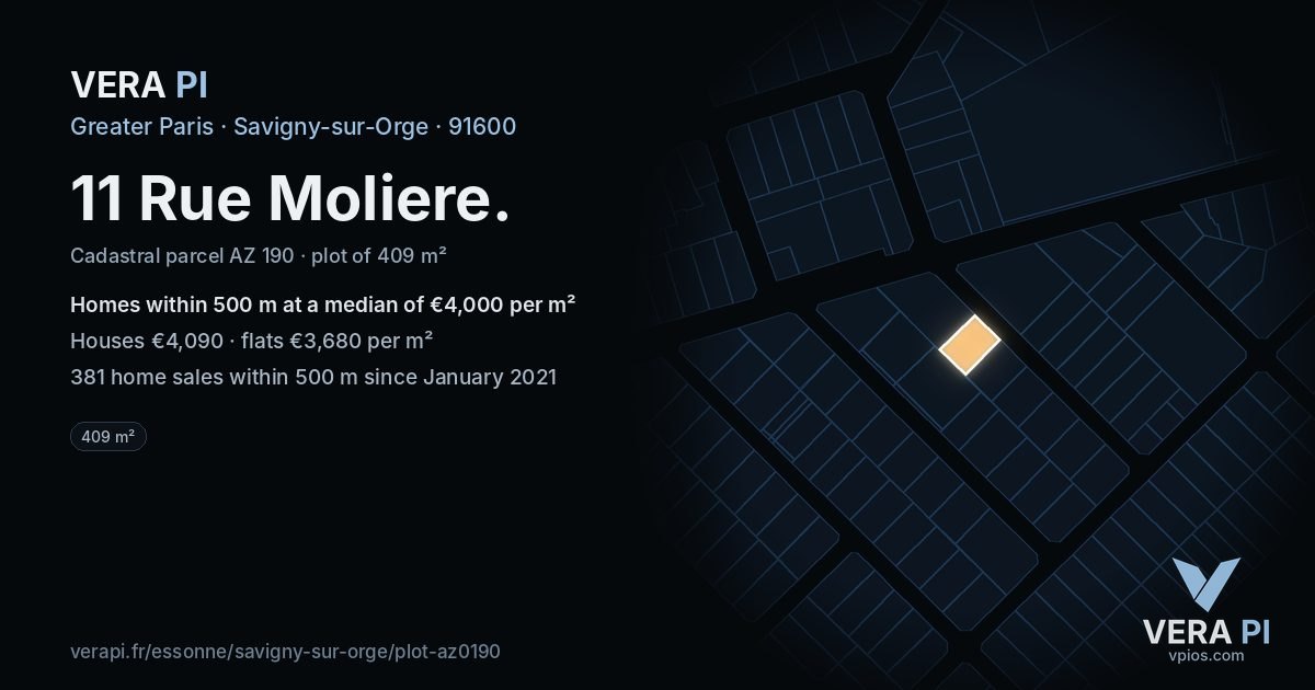 11 Rue Moliere, Savigny-sur-Orge at night – the plot lit, the parcels around coloured by the prices near them
