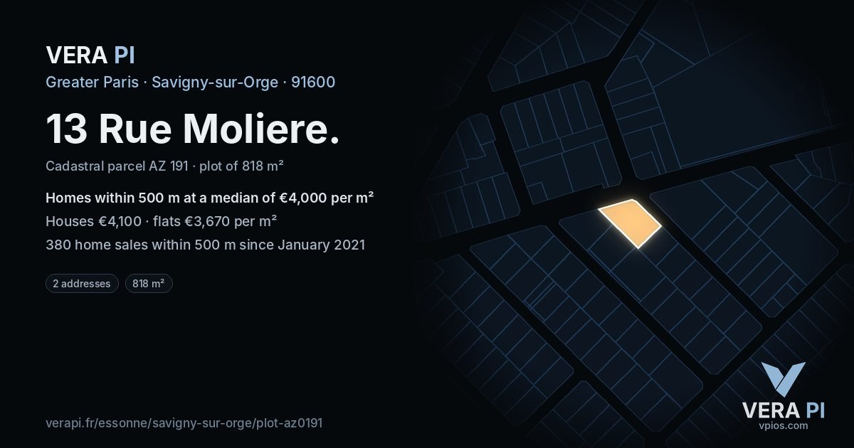 13 Rue Moliere, Savigny-sur-Orge at night – the plot lit, the parcels around coloured by the prices near them