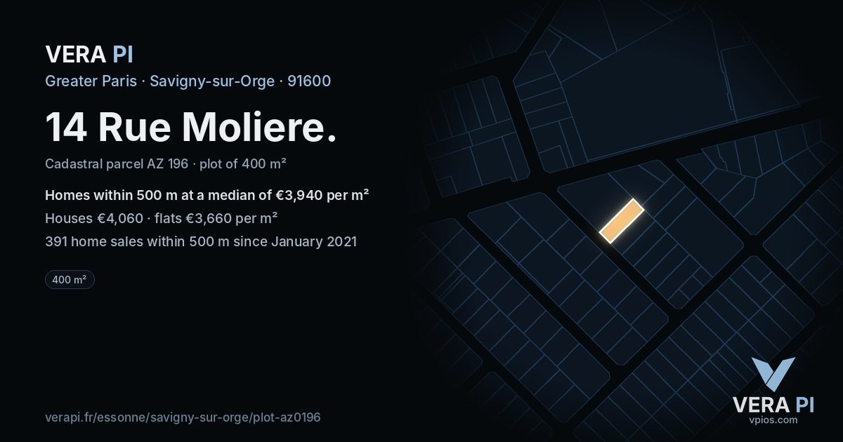 14 Rue Moliere, Savigny-sur-Orge at night – the plot lit, the parcels around coloured by the prices near them