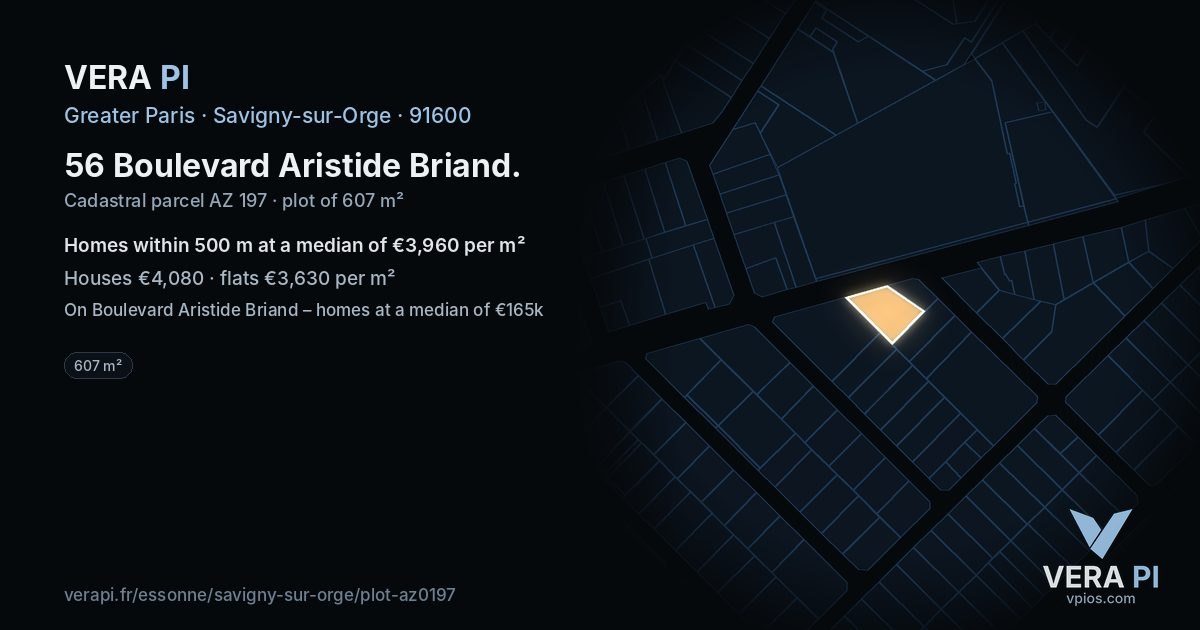 56 Boulevard Aristide Briand, Savigny-sur-Orge at night – the plot lit, the parcels around coloured by the prices near them