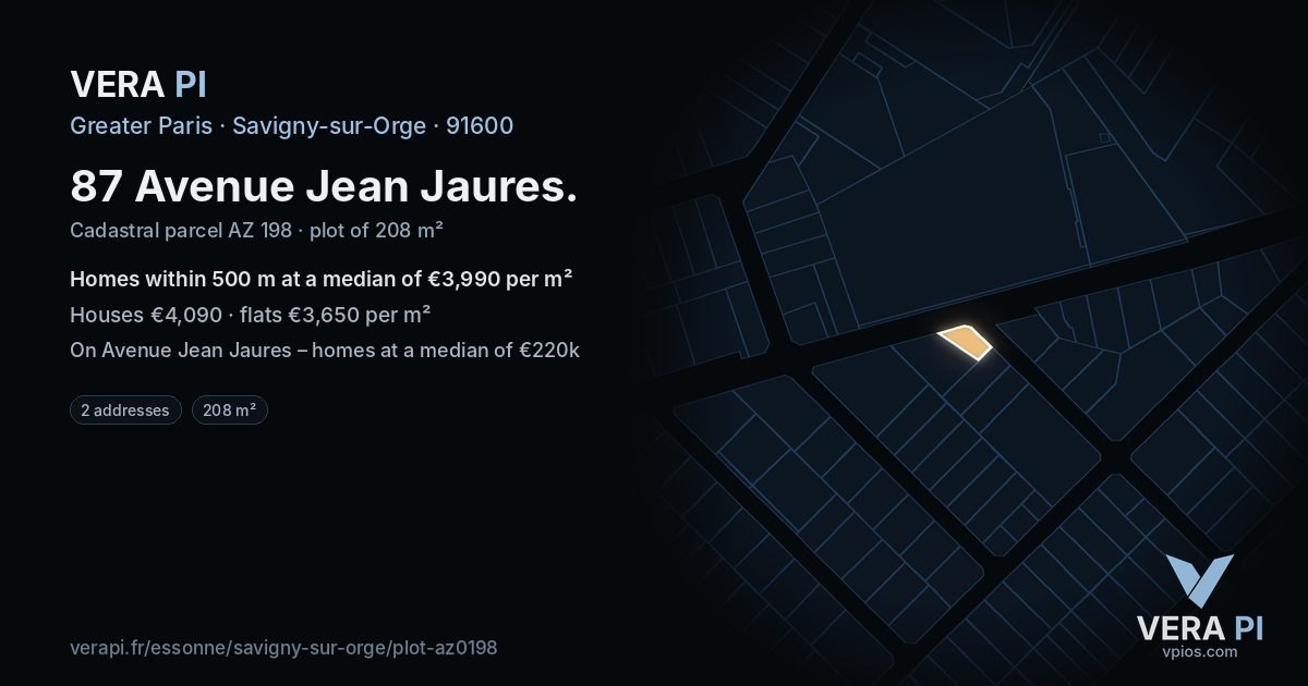 87 Avenue Jean Jaures, Savigny-sur-Orge at night – the plot lit, the parcels around coloured by the prices near them
