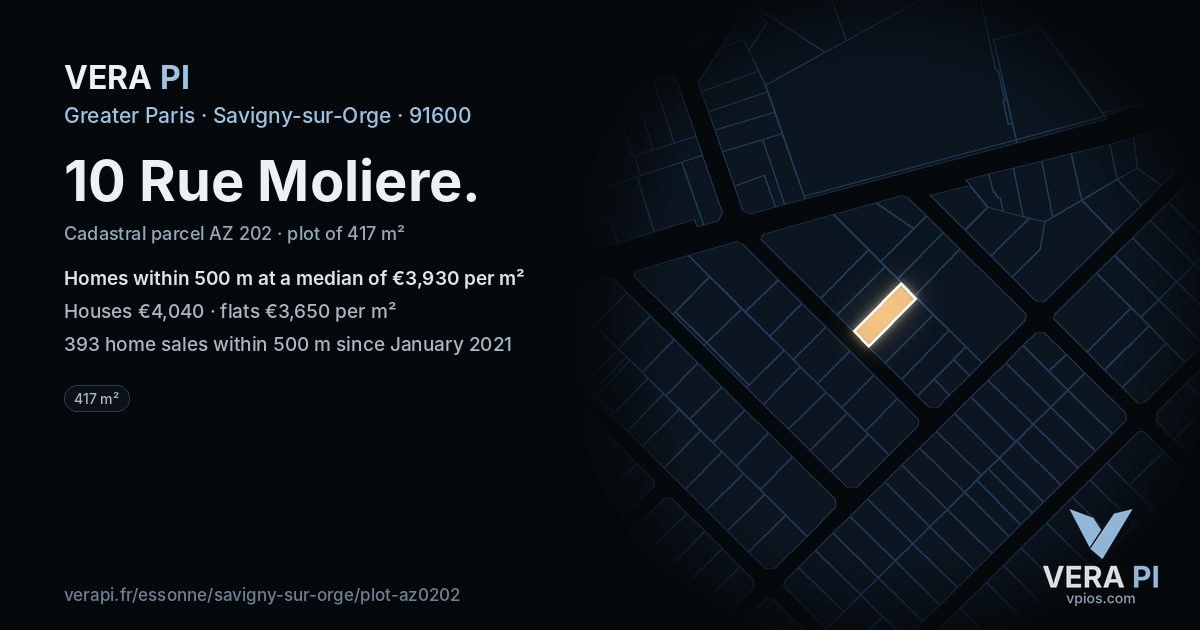 10 Rue Moliere, Savigny-sur-Orge at night – the plot lit, the parcels around coloured by the prices near them