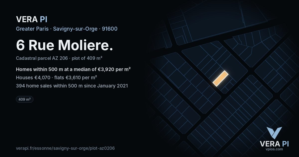 6 Rue Moliere, Savigny-sur-Orge at night – the plot lit, the parcels around coloured by the prices near them