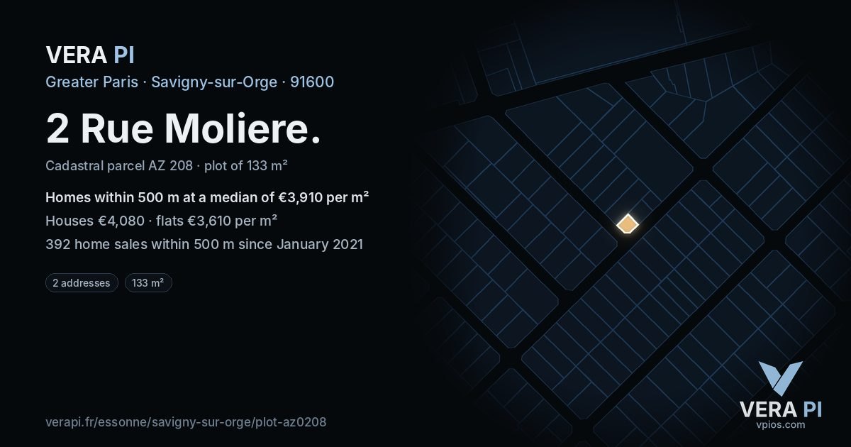 2 Rue Moliere, Savigny-sur-Orge at night – the plot lit, the parcels around coloured by the prices near them