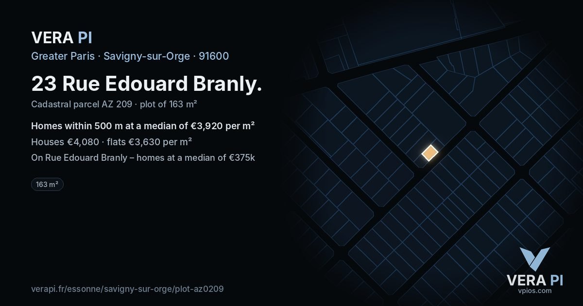 23 Rue Edouard Branly, Savigny-sur-Orge at night – the plot lit, the parcels around coloured by the prices near them