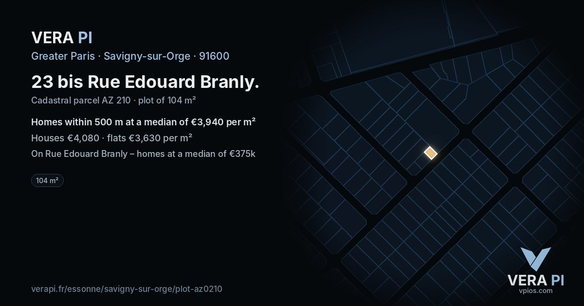 23 bis Rue Edouard Branly, Savigny-sur-Orge at night – the plot lit, the parcels around coloured by the prices near them