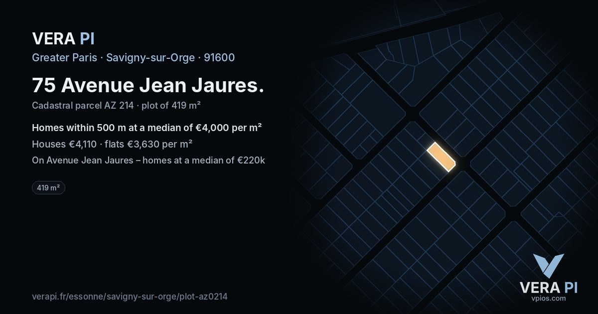 75 Avenue Jean Jaures, Savigny-sur-Orge at night – the plot lit, the parcels around coloured by the prices near them