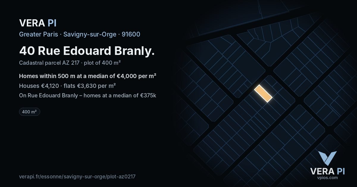 40 Rue Edouard Branly, Savigny-sur-Orge at night – the plot lit, the parcels around coloured by the prices near them