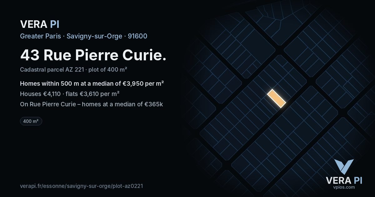 43 Rue Pierre Curie, Savigny-sur-Orge at night – the plot lit, the parcels around coloured by the prices near them