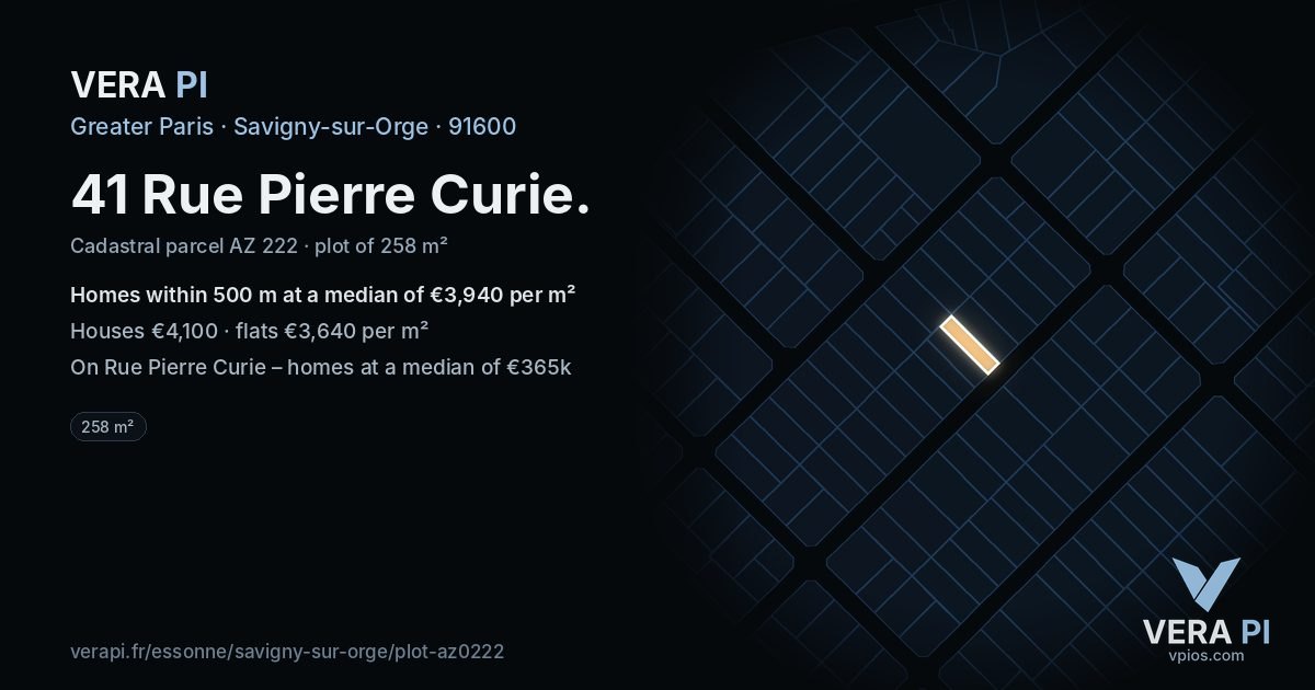 41 Rue Pierre Curie, Savigny-sur-Orge at night – the plot lit, the parcels around coloured by the prices near them
