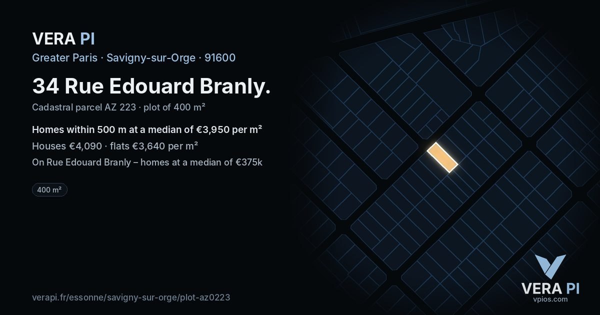 34 Rue Edouard Branly, Savigny-sur-Orge at night – the plot lit, the parcels around coloured by the prices near them