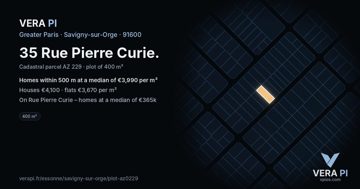 35 Rue Pierre Curie, Savigny-sur-Orge at night – the plot lit, the parcels around coloured by the prices near them