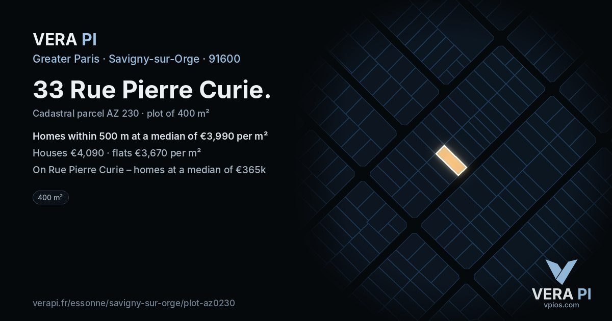 33 Rue Pierre Curie, Savigny-sur-Orge at night – the plot lit, the parcels around coloured by the prices near them