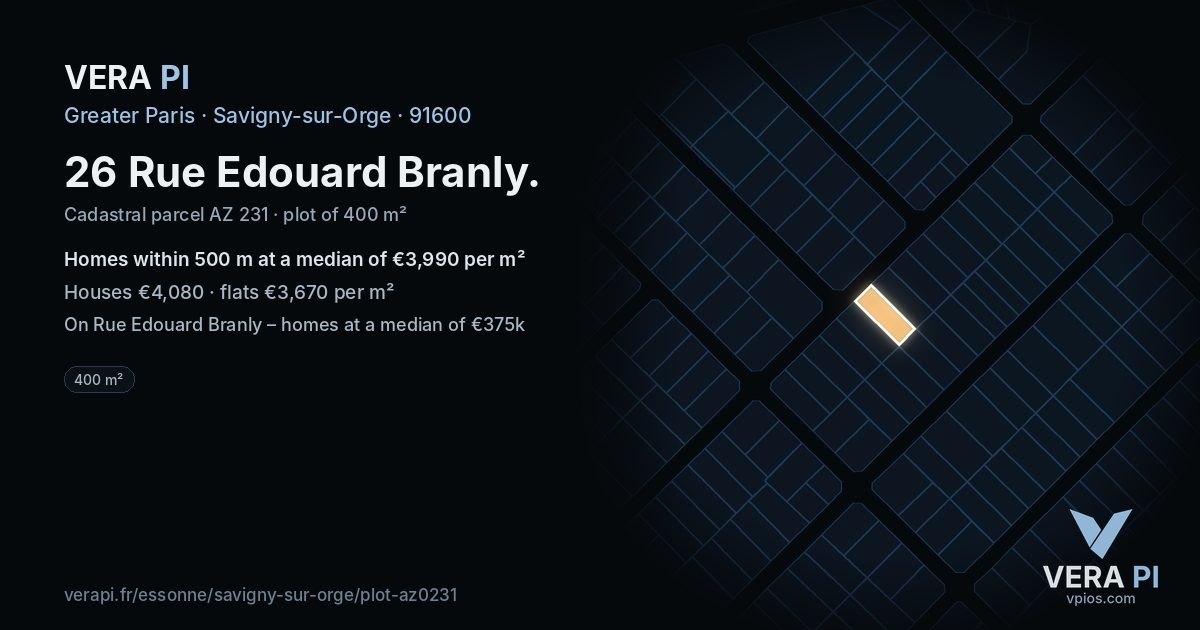 26 Rue Edouard Branly, Savigny-sur-Orge at night – the plot lit, the parcels around coloured by the prices near them