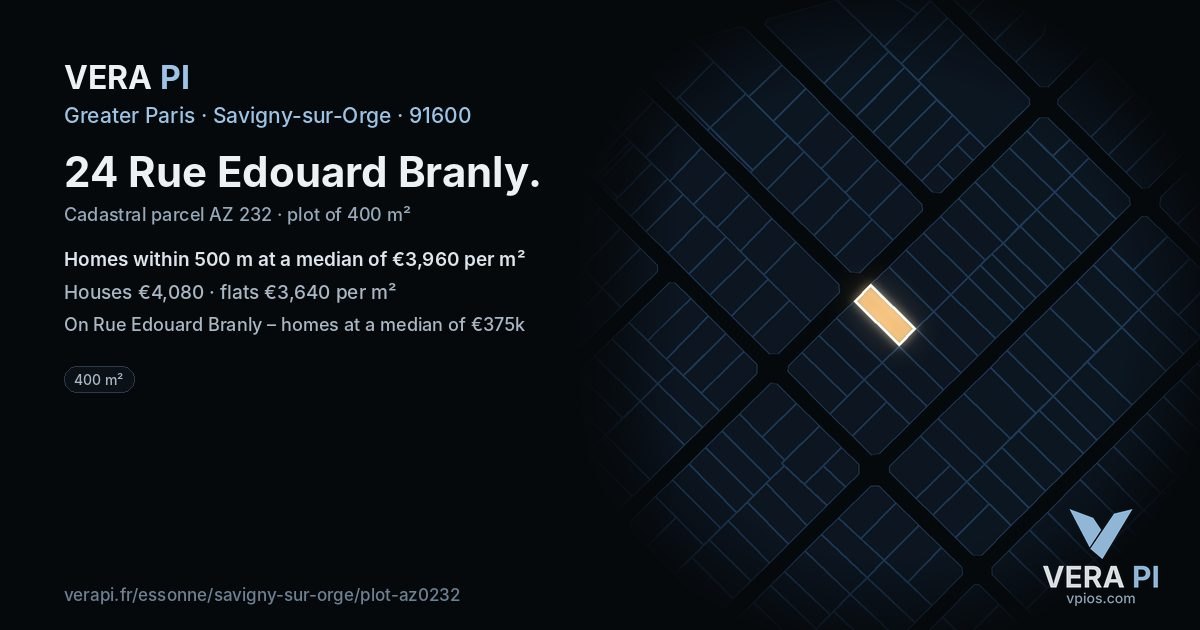 24 Rue Edouard Branly, Savigny-sur-Orge at night – the plot lit, the parcels around coloured by the prices near them