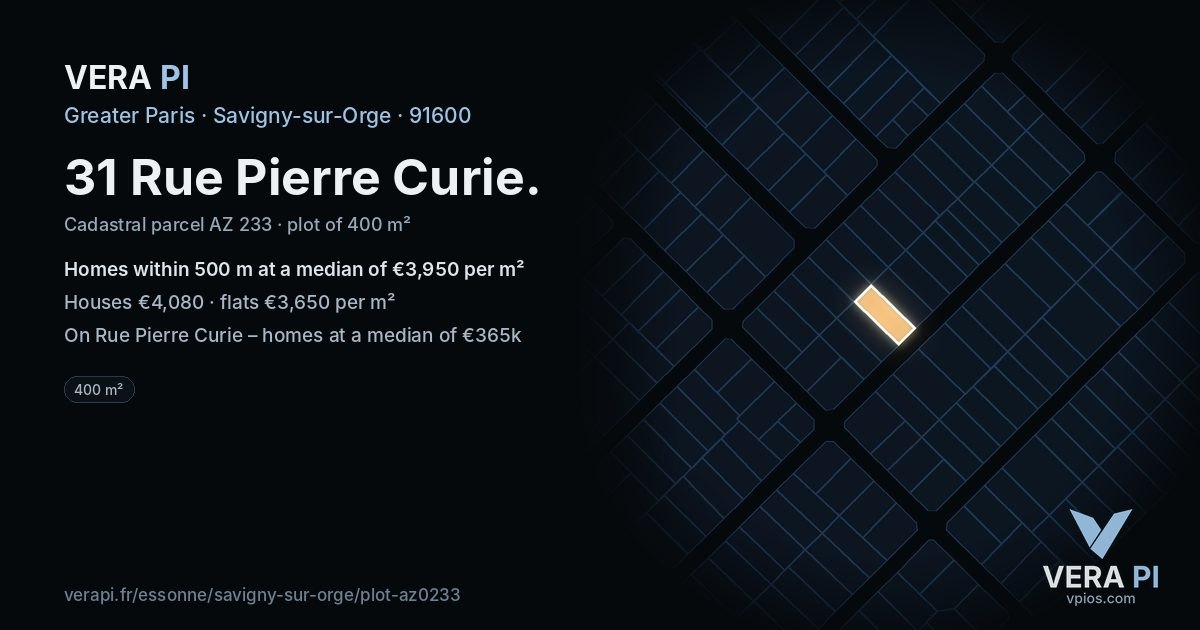 31 Rue Pierre Curie, Savigny-sur-Orge at night – the plot lit, the parcels around coloured by the prices near them