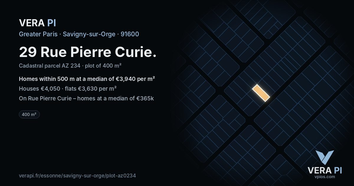 29 Rue Pierre Curie, Savigny-sur-Orge at night – the plot lit, the parcels around coloured by the prices near them