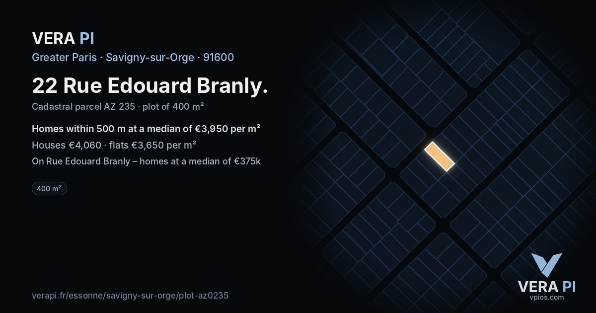 22 Rue Edouard Branly, Savigny-sur-Orge at night – the plot lit, the parcels around coloured by the prices near them