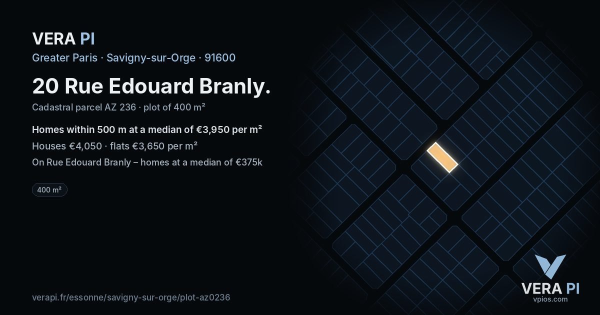 20 Rue Edouard Branly, Savigny-sur-Orge at night – the plot lit, the parcels around coloured by the prices near them