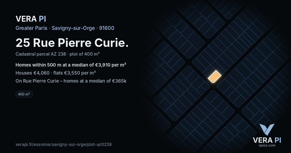 25 Rue Pierre Curie, Savigny-sur-Orge at night – the plot lit, the parcels around coloured by the prices near them