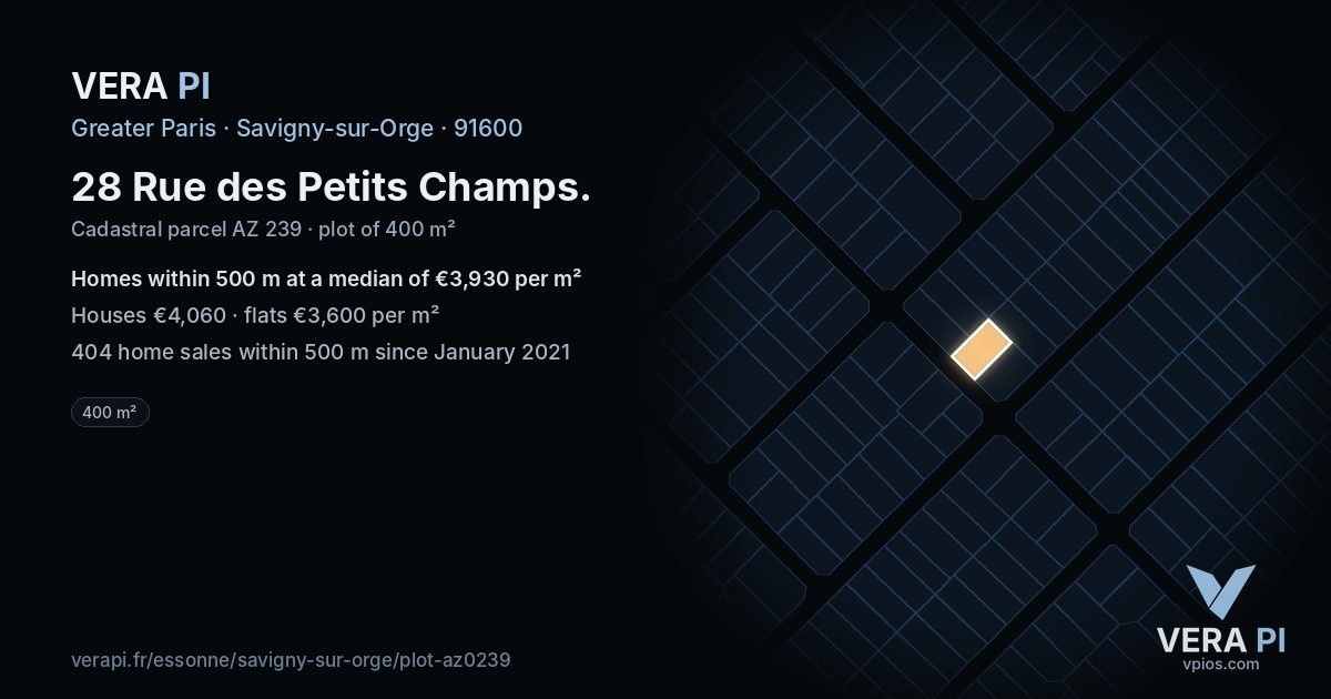 28 Rue des Petits Champs, Savigny-sur-Orge at night – the plot lit, the parcels around coloured by the prices near them