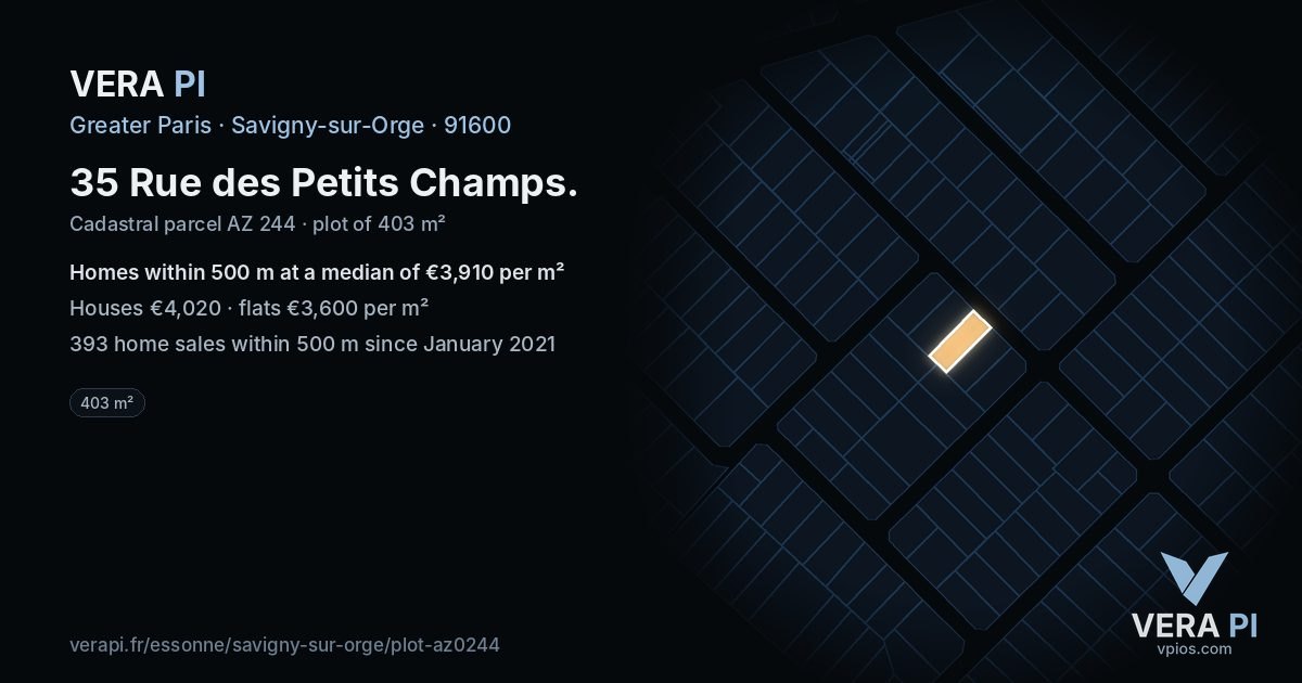 35 Rue des Petits Champs, Savigny-sur-Orge at night – the plot lit, the parcels around coloured by the prices near them