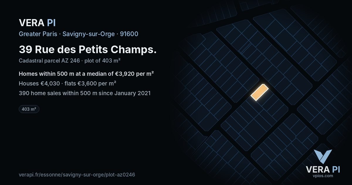 39 Rue des Petits Champs, Savigny-sur-Orge at night – the plot lit, the parcels around coloured by the prices near them