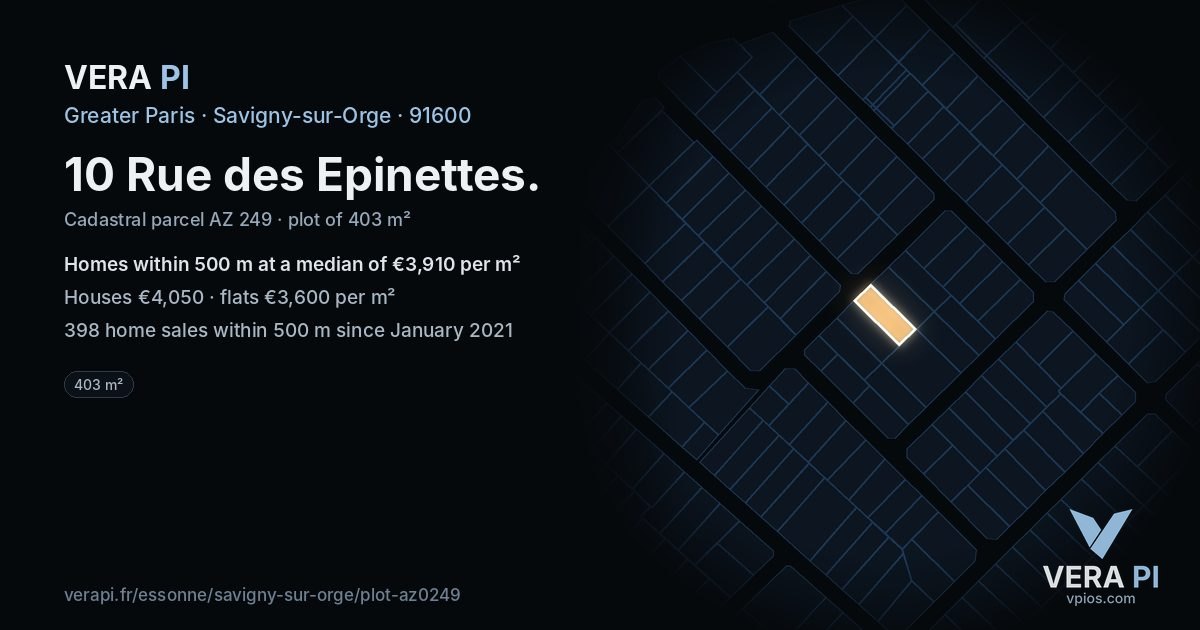 10 Rue des Epinettes, Savigny-sur-Orge at night – the plot lit, the parcels around coloured by the prices near them