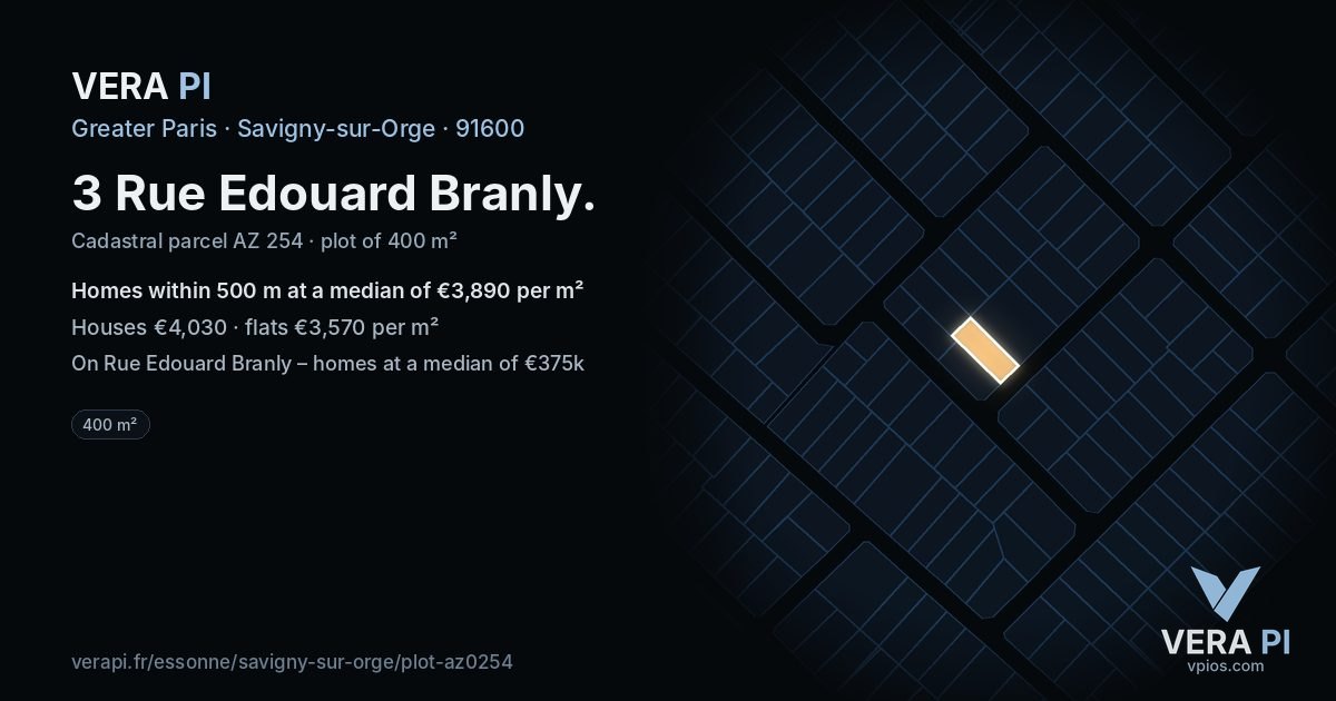 3 Rue Edouard Branly, Savigny-sur-Orge at night – the plot lit, the parcels around coloured by the prices near them