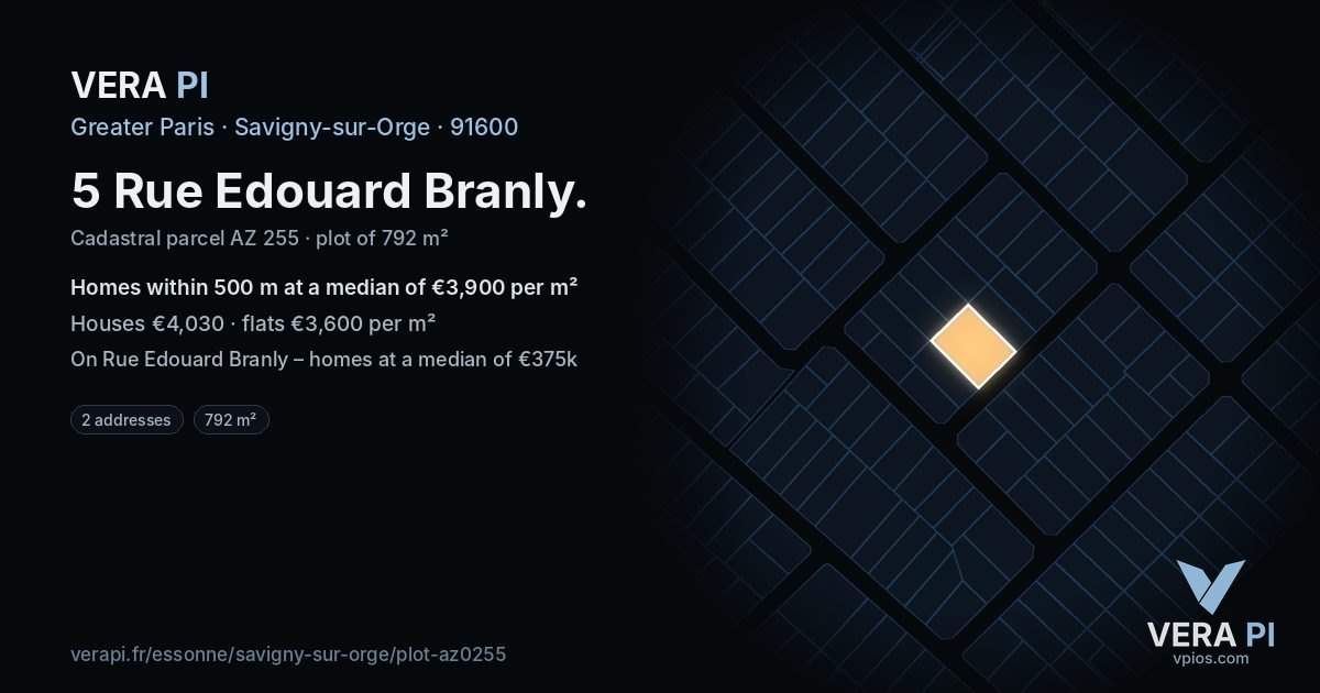 5 Rue Edouard Branly, Savigny-sur-Orge at night – the plot lit, the parcels around coloured by the prices near them