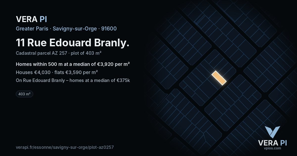 11 Rue Edouard Branly, Savigny-sur-Orge at night – the plot lit, the parcels around coloured by the prices near them