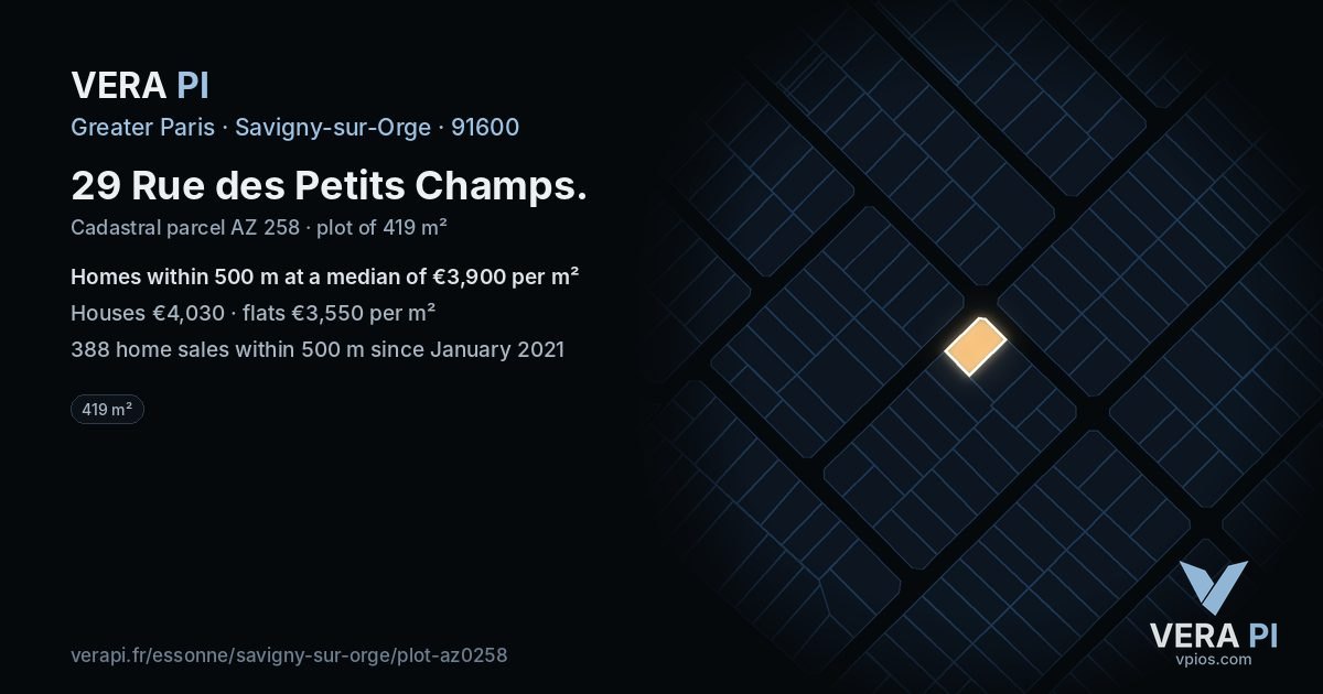 29 Rue des Petits Champs, Savigny-sur-Orge at night – the plot lit, the parcels around coloured by the prices near them
