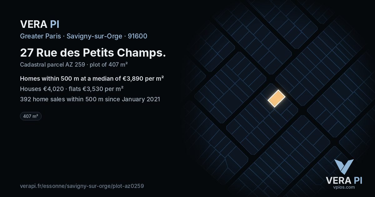 27 Rue des Petits Champs, Savigny-sur-Orge at night – the plot lit, the parcels around coloured by the prices near them