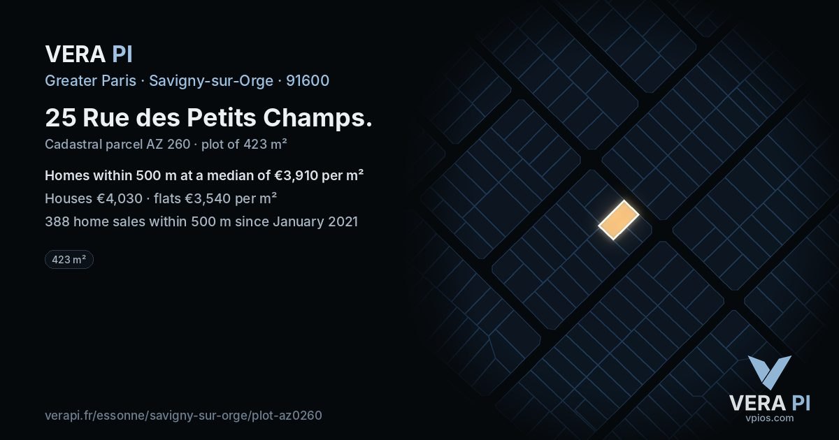 25 Rue des Petits Champs, Savigny-sur-Orge at night – the plot lit, the parcels around coloured by the prices near them
