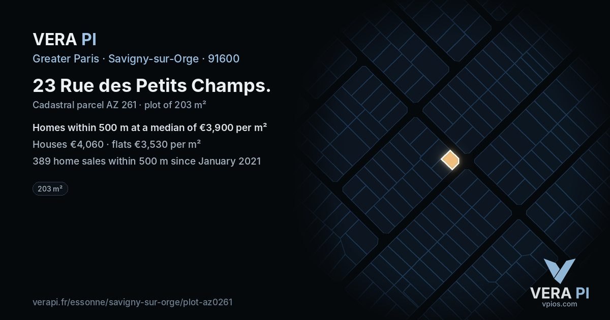 23 Rue des Petits Champs, Savigny-sur-Orge at night – the plot lit, the parcels around coloured by the prices near them