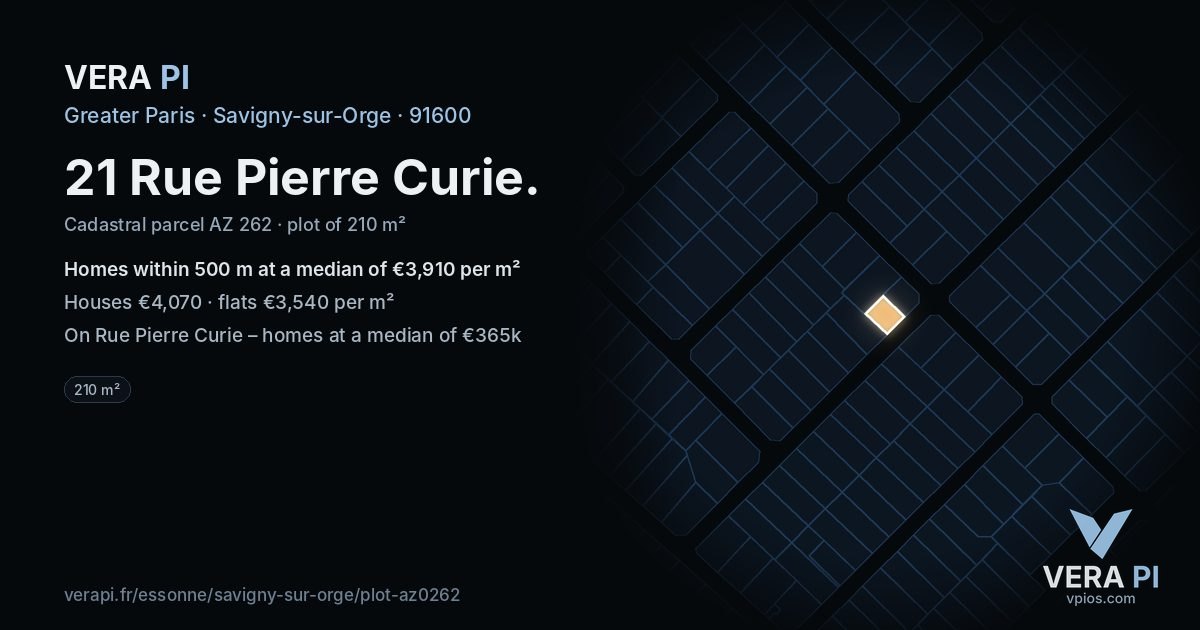 21 Rue Pierre Curie, Savigny-sur-Orge at night – the plot lit, the parcels around coloured by the prices near them