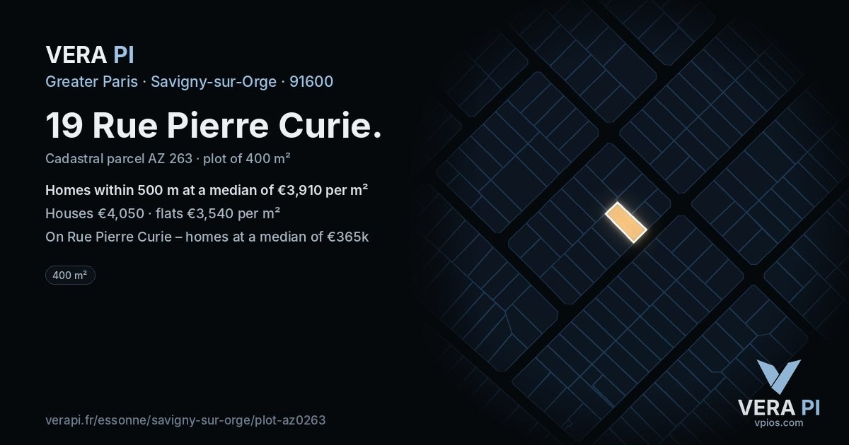 19 Rue Pierre Curie, Savigny-sur-Orge at night – the plot lit, the parcels around coloured by the prices near them