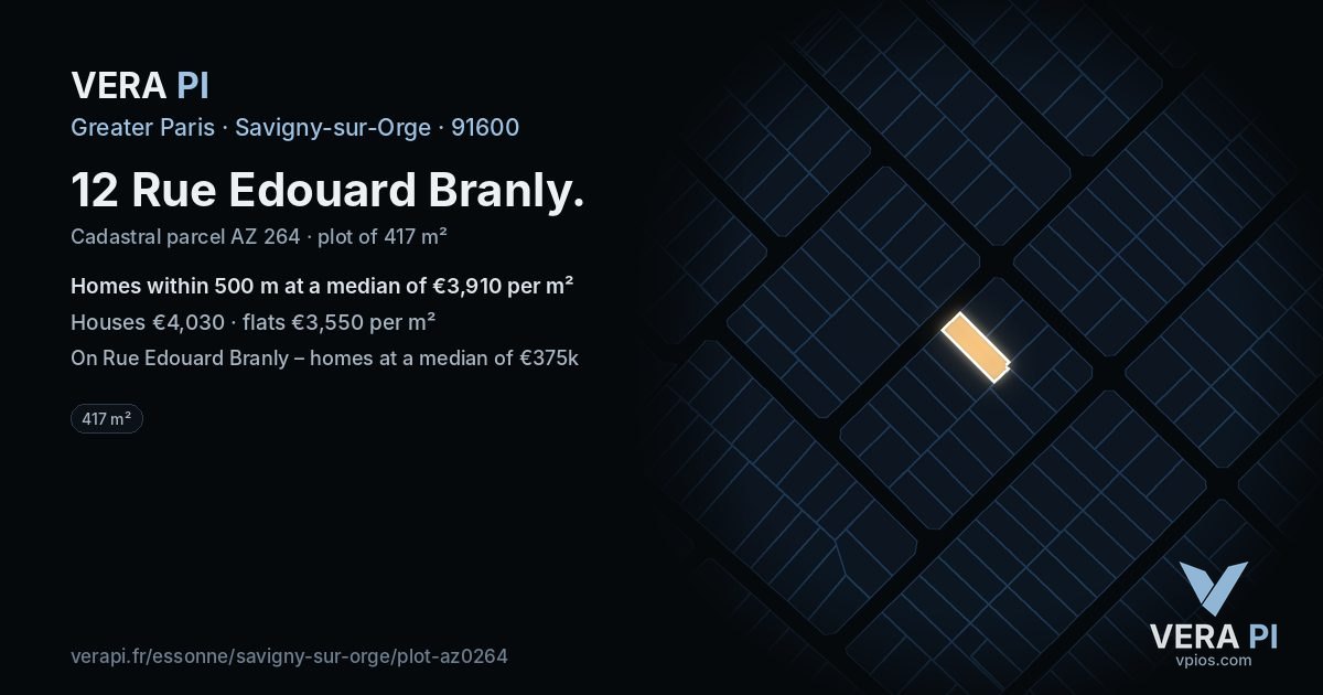 12 Rue Edouard Branly, Savigny-sur-Orge at night – the plot lit, the parcels around coloured by the prices near them