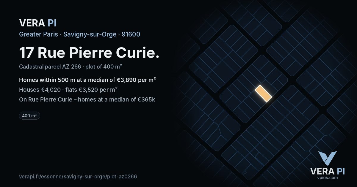 17 Rue Pierre Curie, Savigny-sur-Orge at night – the plot lit, the parcels around coloured by the prices near them