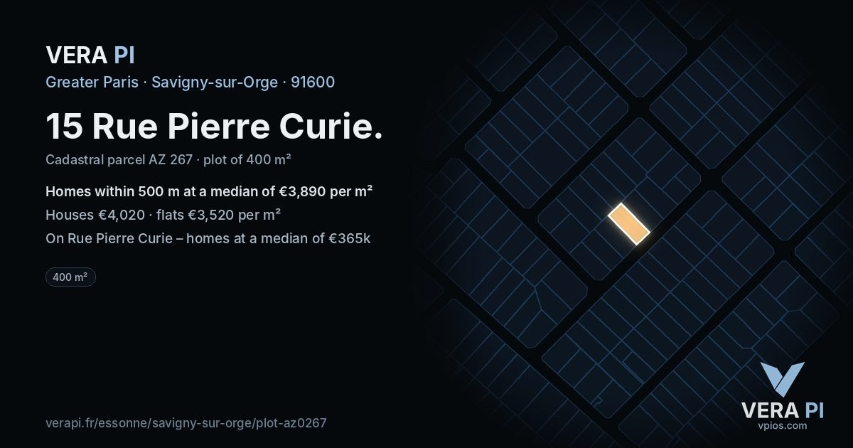 15 Rue Pierre Curie, Savigny-sur-Orge at night – the plot lit, the parcels around coloured by the prices near them